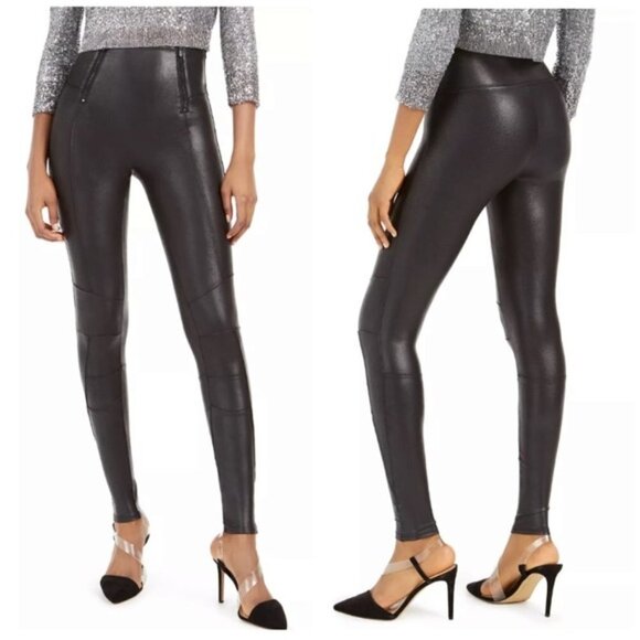 Spanx Faux‎ Leather Hip Zip Leggings Black Small - Picture 1 of 7